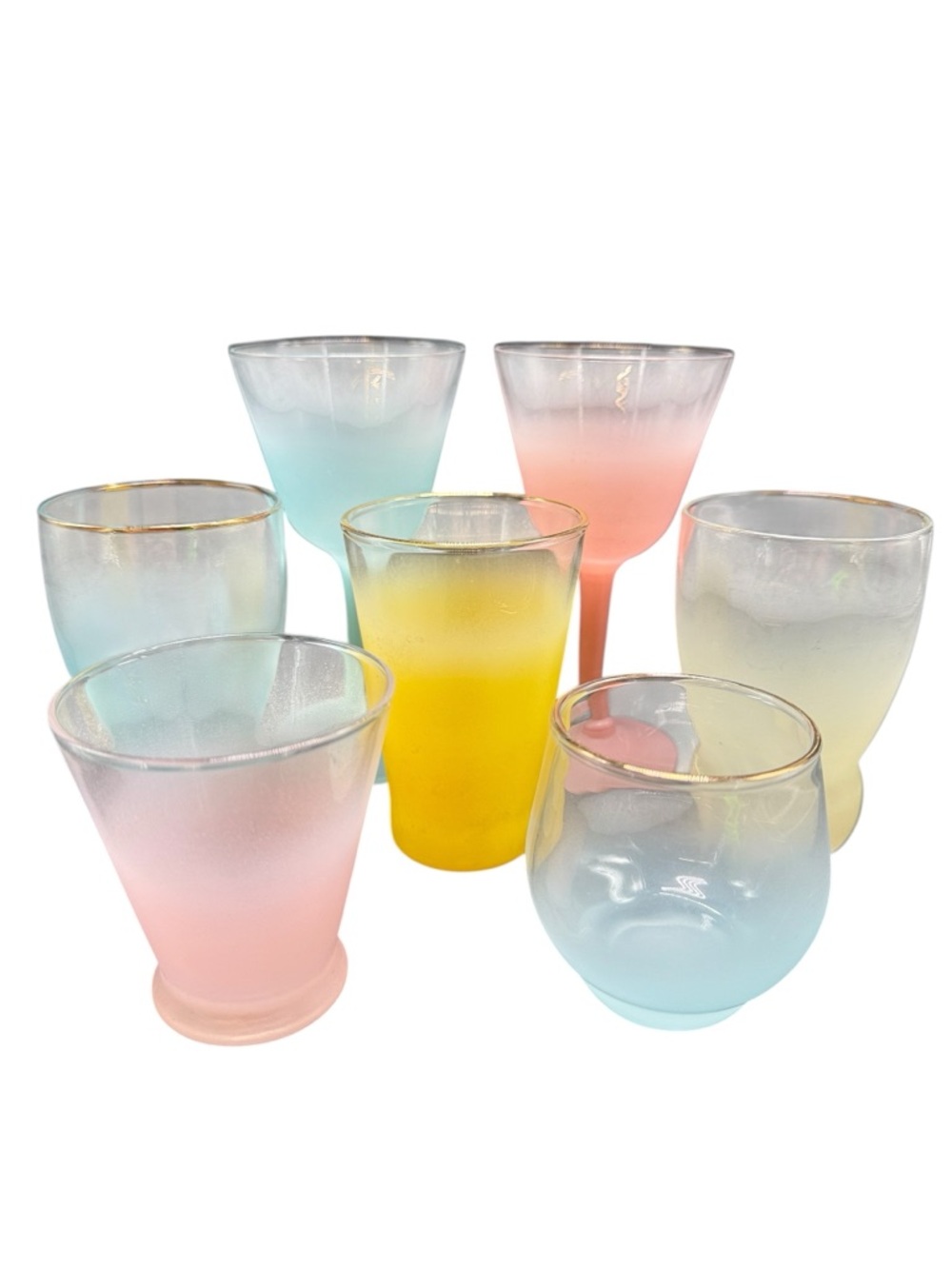 Vintage Anchor Hocking Blendo Glasses Lot 7 Ombre Pastel MCM Tumblers Stemware